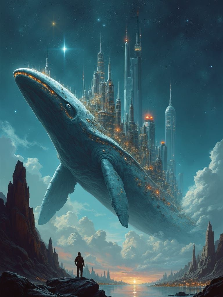Majestic Space Whale with Futuristic Metropolis