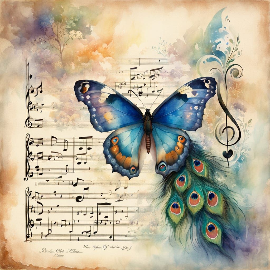 Peacock Butterfly on Faded Musical Sheet