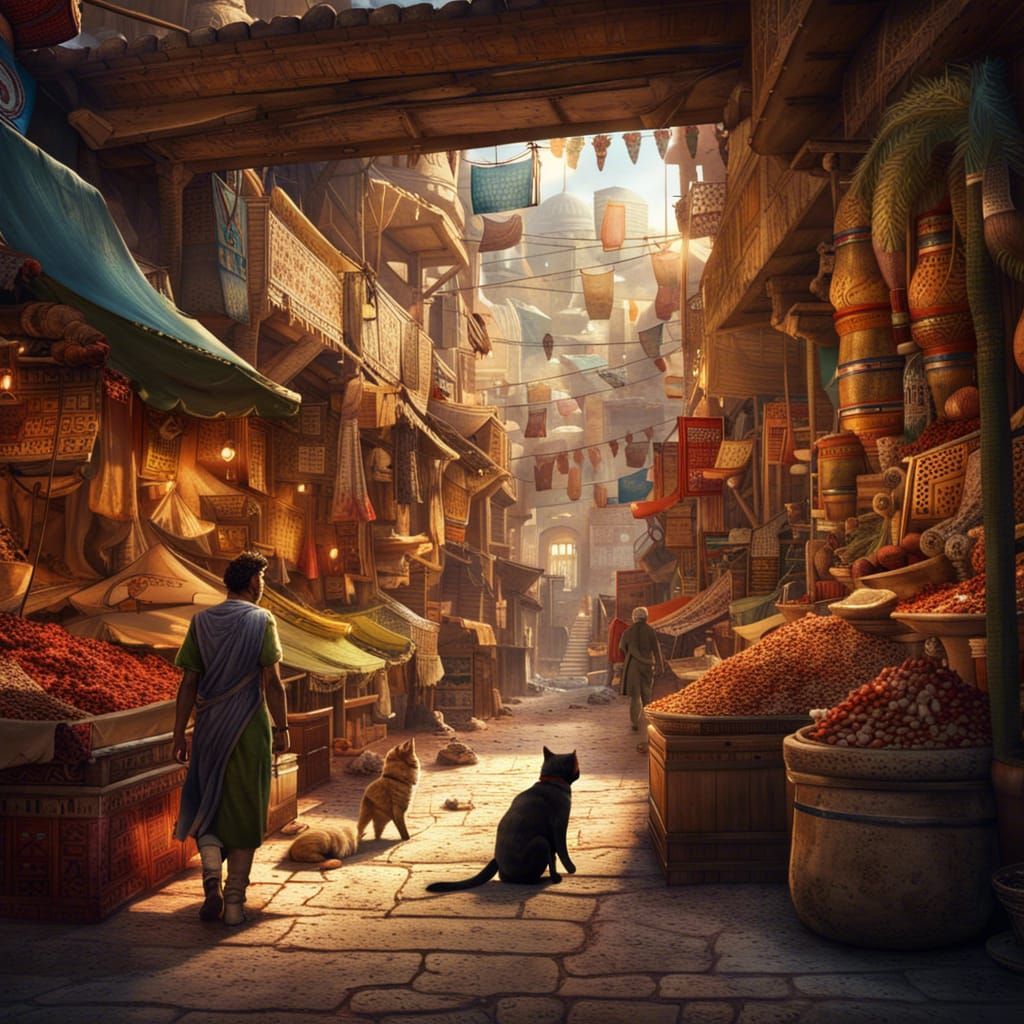 Dog and Cat Explore Egyptian Bazaar, Detailed Matte Painting