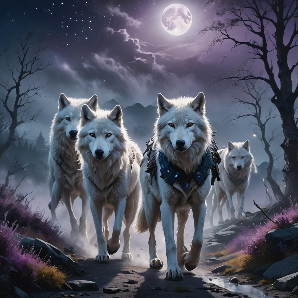 Mystic Landscape: Woman and Wolves in Moonlight