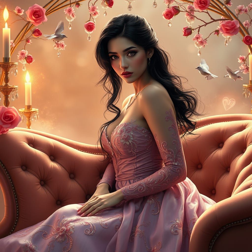 Romantic Valentine's Day Scene with Woman in Hand Painted Go...