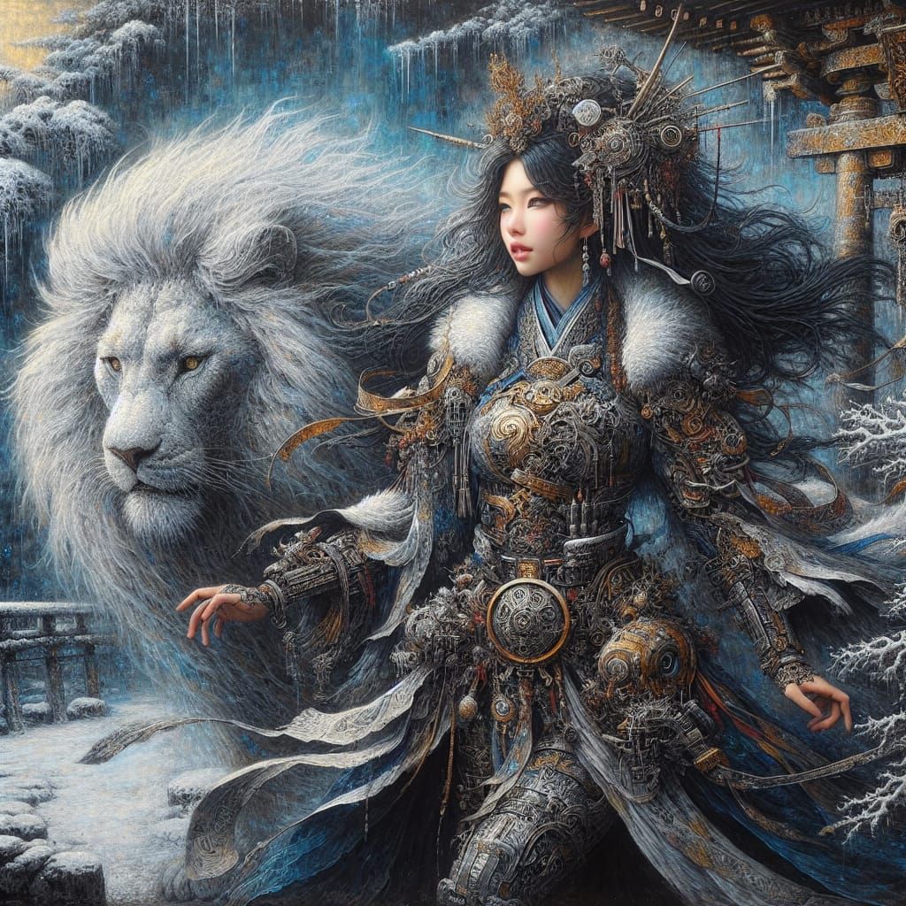 A stunning oil painting of a beautiful Japanese samurai, dressed in intricate white steampunk attire. Her dark hair is d...