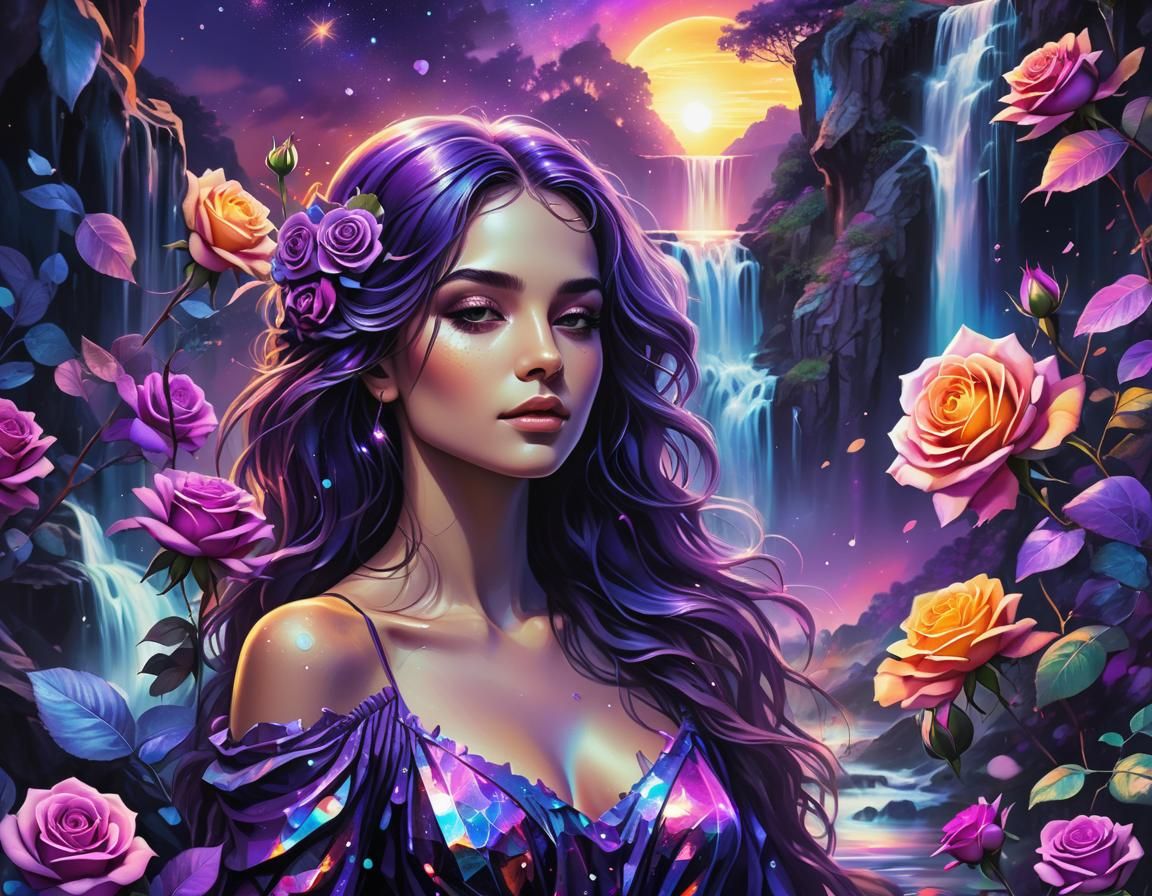 Woman with Roses at Sunset Waterfall, Cosmic Illustration