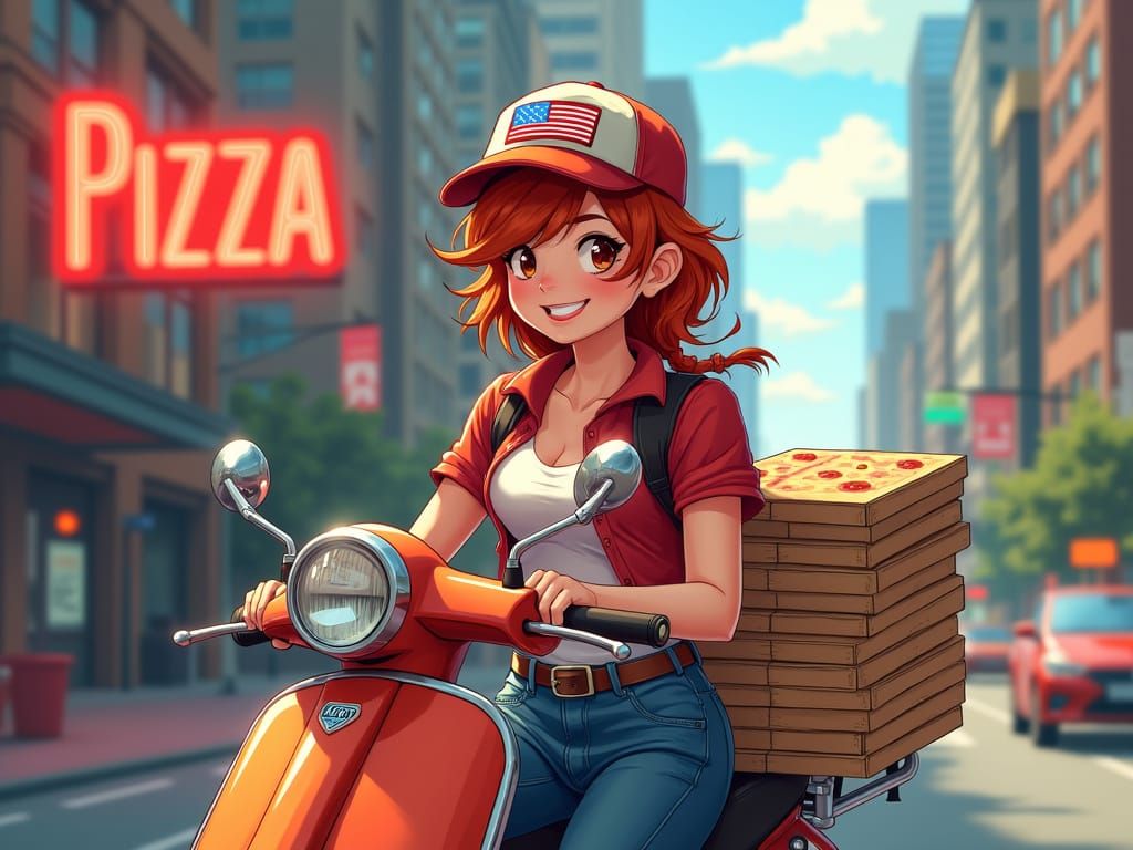 Redhead Tomboy Delivers Pizza on Scooter Amidst Skyscrapers