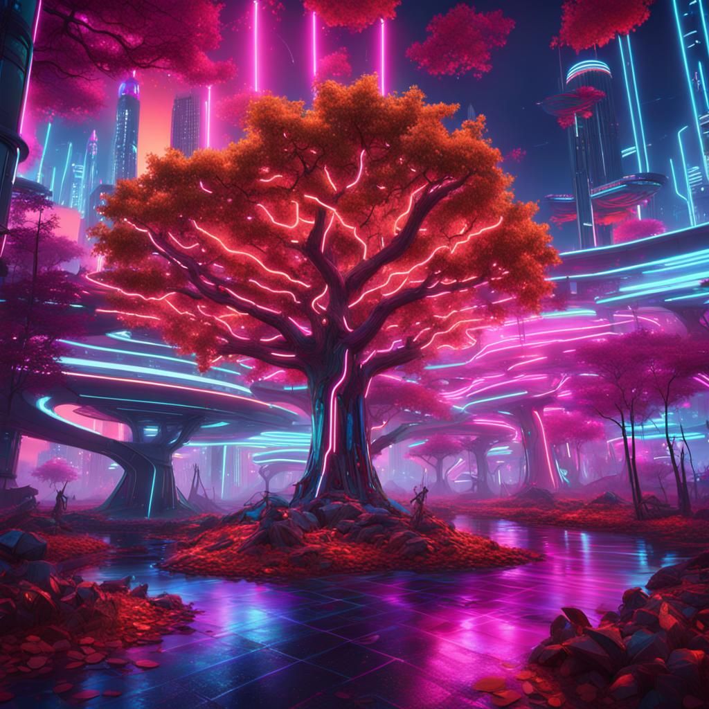 Futuristic City Park: Electric Neon Light Trees