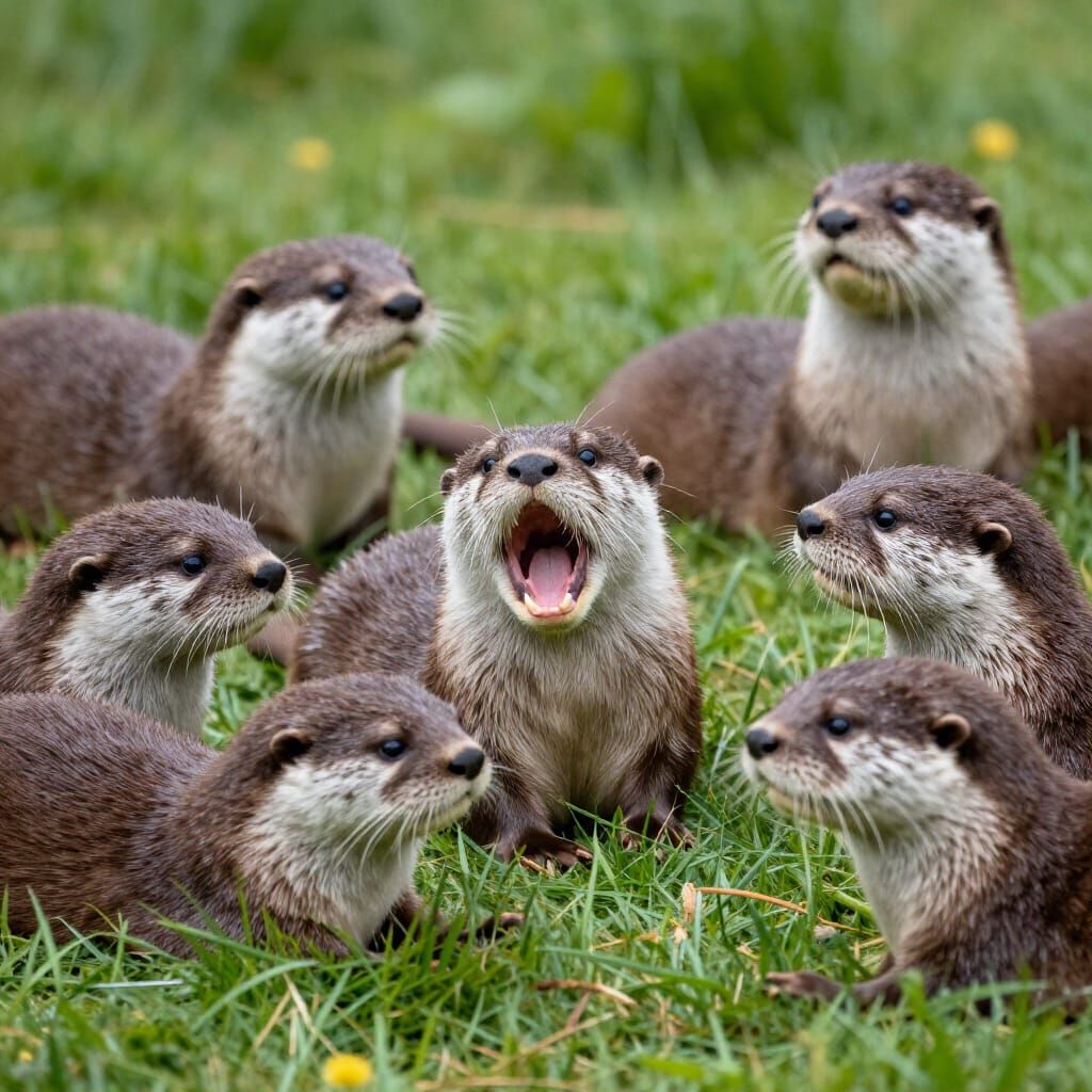 Playful Otters Yawning on Green Grass in Natural Light