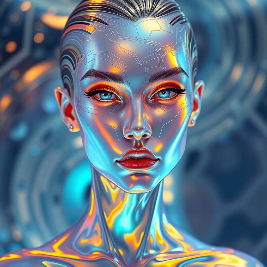 Glowing Cyber Figure in Iridescent Metallic Hues
