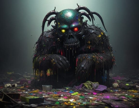 Grotesque Creature Vomits Rainbows in Grunge Oil Painting St...