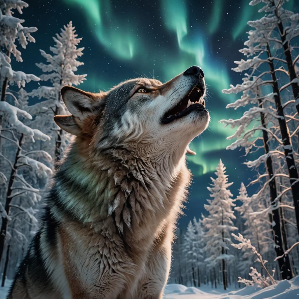 Wolf Howling Under Northern Lights in Winter
