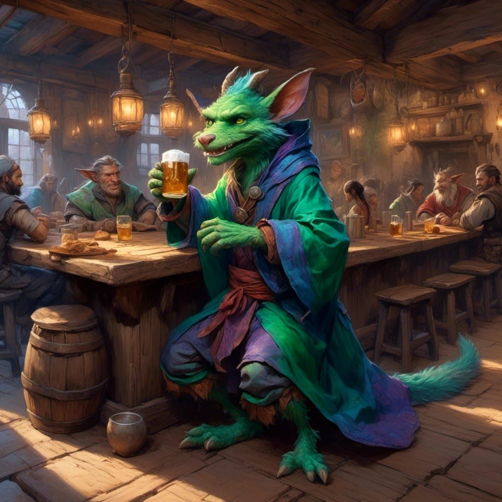 Blue Kobold in Tavern: Fantasy Concept Art