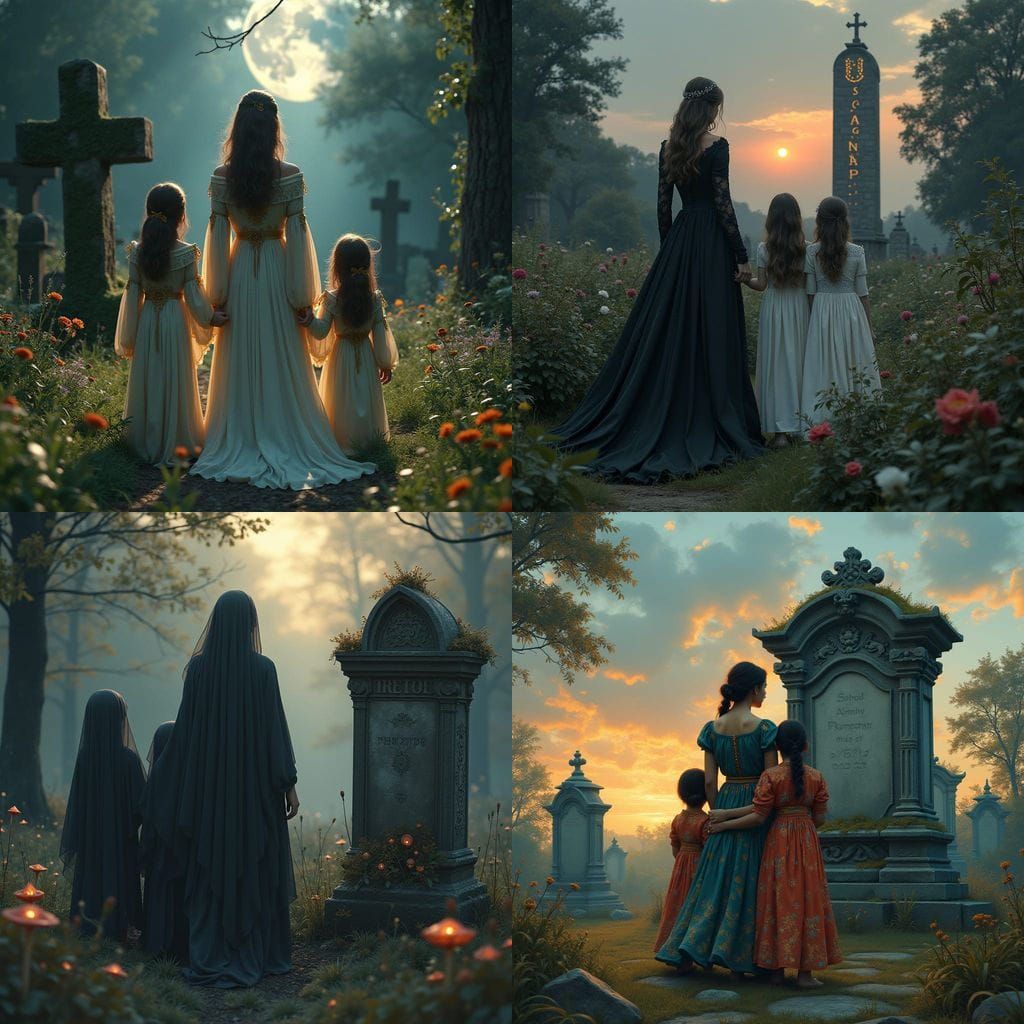 Mother and Daughters Visit a Somber Memorial Site in a Fanta...