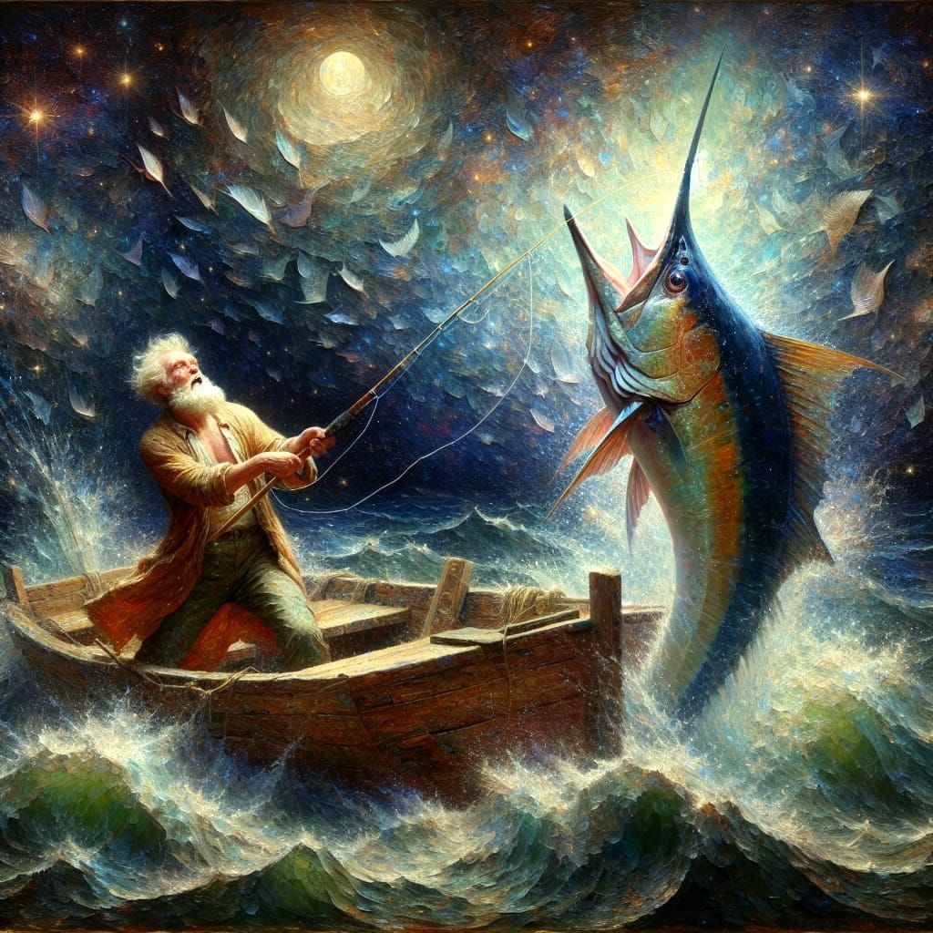 Old Man's Epic Battle with Marlin Under Starry Sky