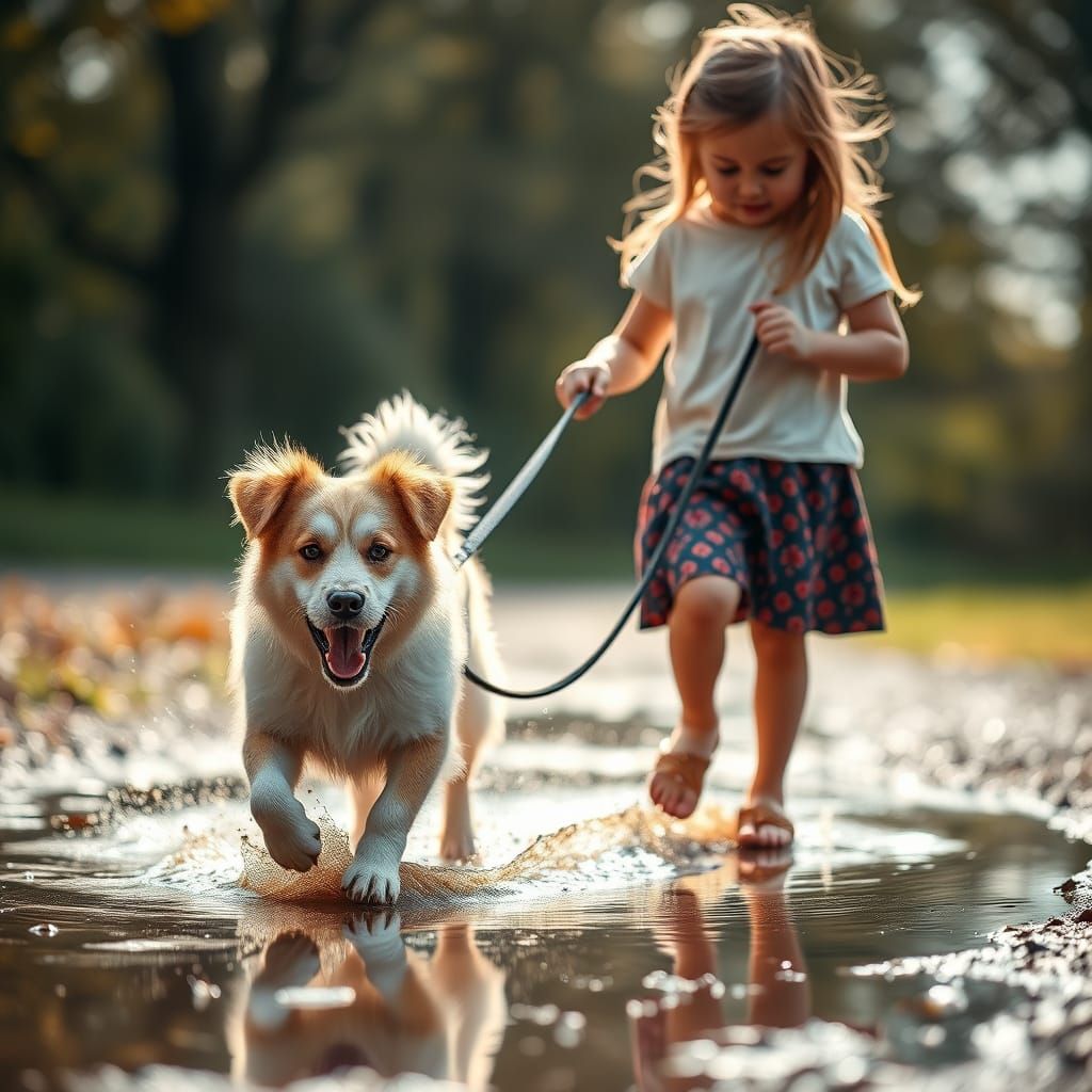 Girl and Dog's Comical Mishap in a Muddy Puddle
