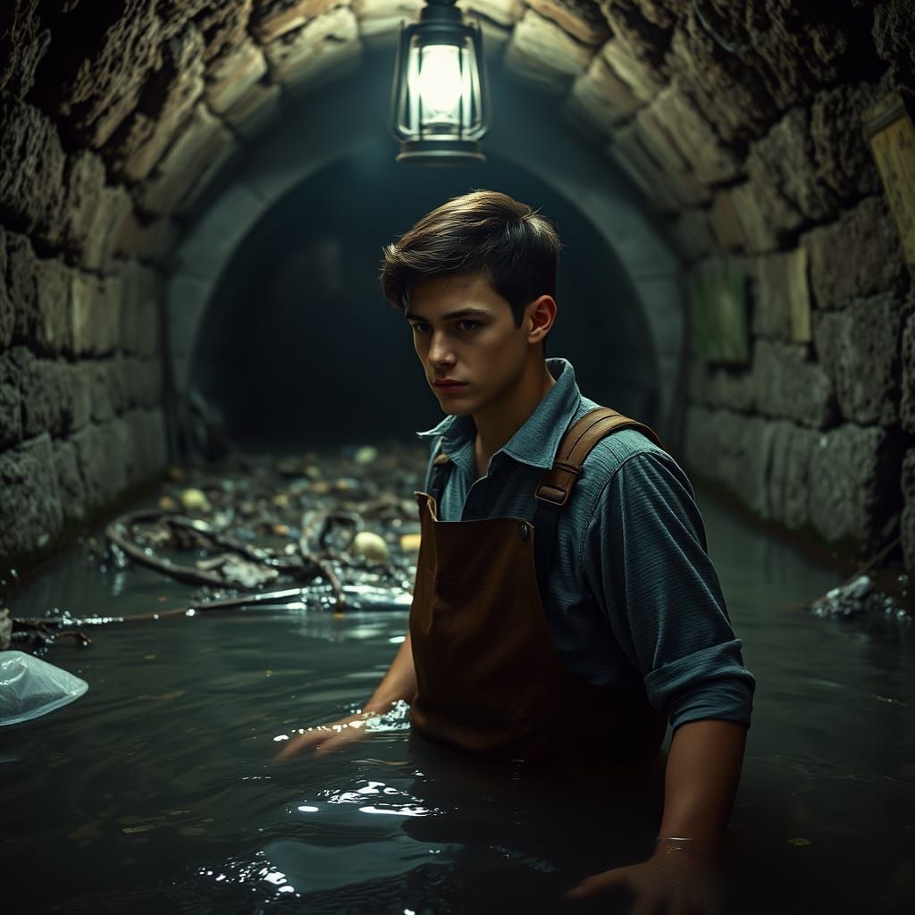 Gritty Film Noir Scene in a Flooded Stone Tunnel