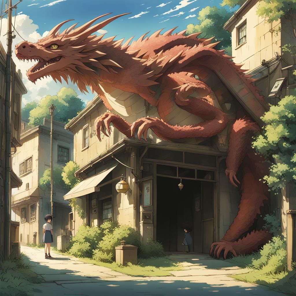 Dragon and Human in Studio Ghibli Anime Style
