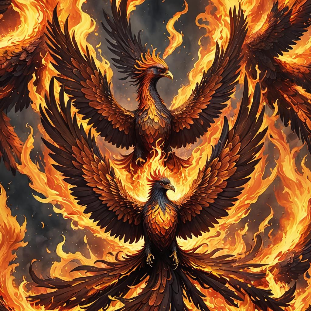 Fiery Phoenix Rising From Ashes in Digital Art