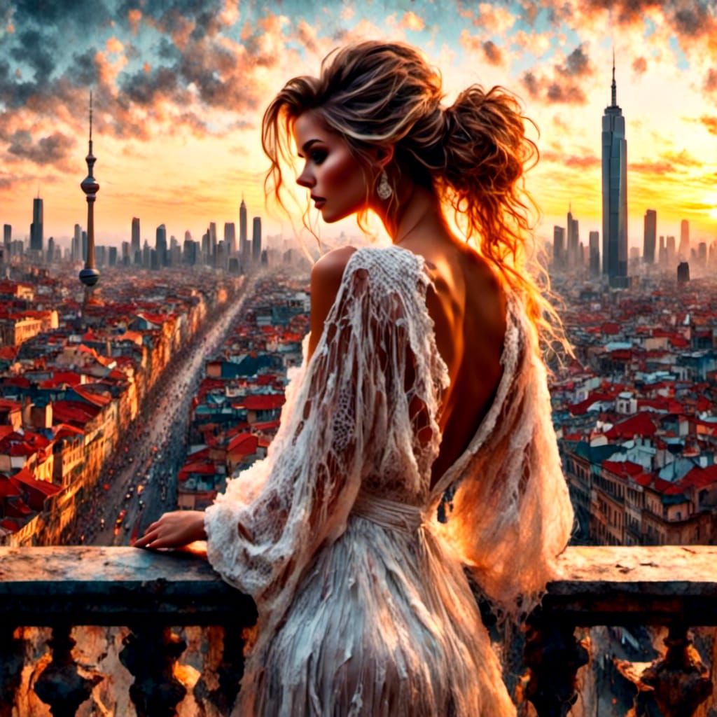 Woman on Balcony at Sunrise in Watercolor Style