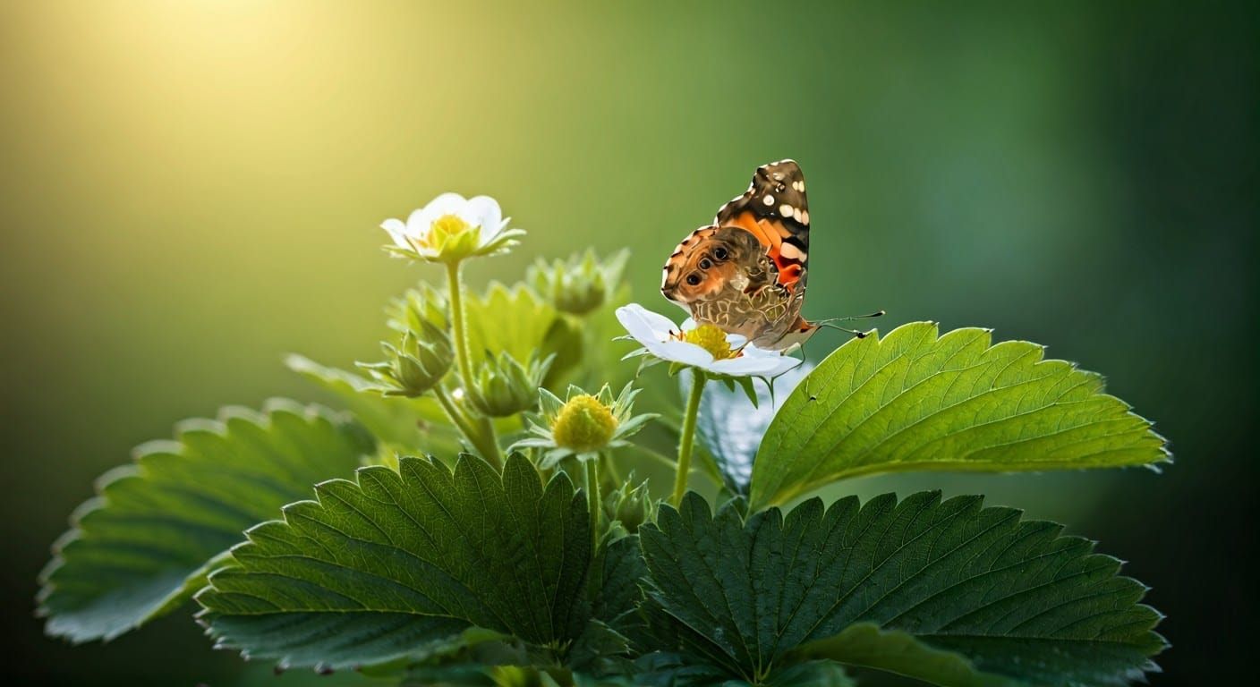 Butterfly on Strawberry Branch: Professional Photography