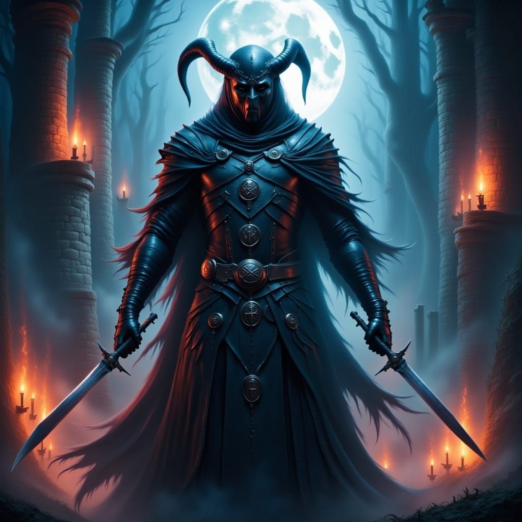 Tiefling Hexblade with Daggers in Moonlit Night