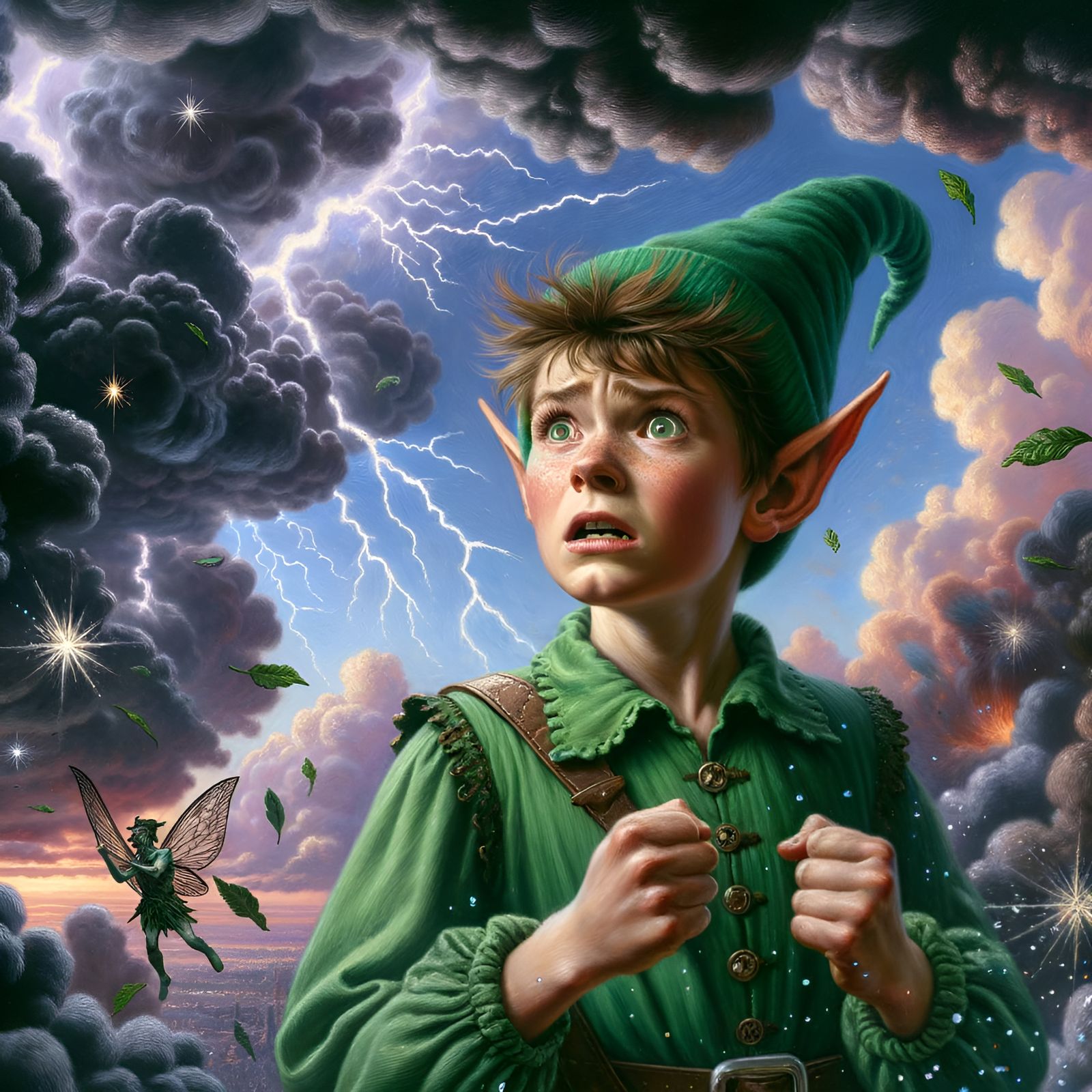 Panicked Boy in Storm: Detailed Oil Painting