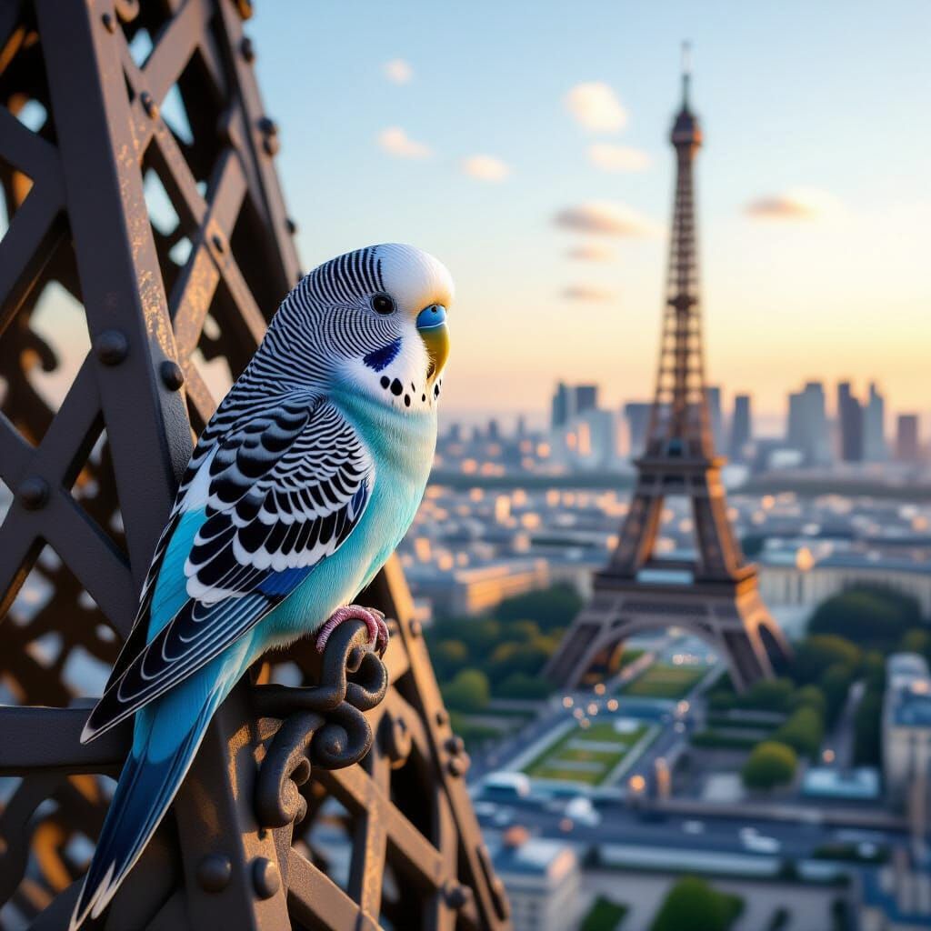 Budgerigar Perched Atop Eiffel Tower