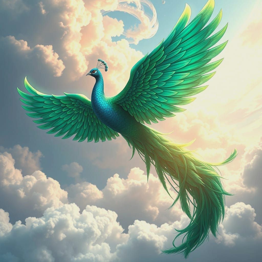 Majestic Anime-Style Peacock Spreads Iridescent Wings Amidst...