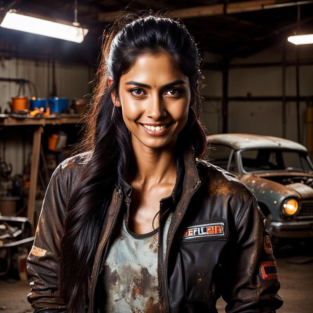 Confident Mechanic in Garage with Moody Lighting