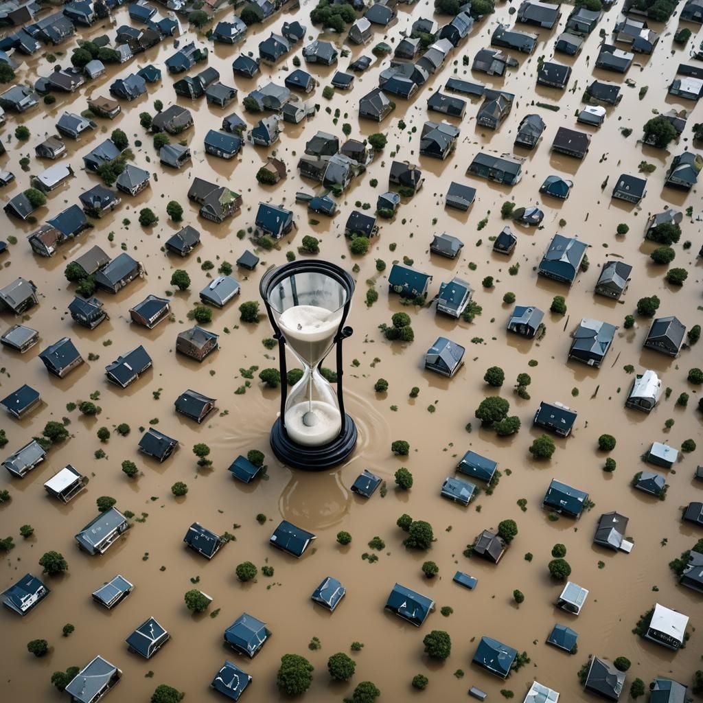Climate Change: Hourglass in Flooded Metropolis