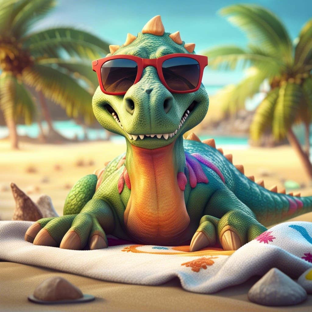 Cartoon Dinosaur Summer Vacation on the Beach
