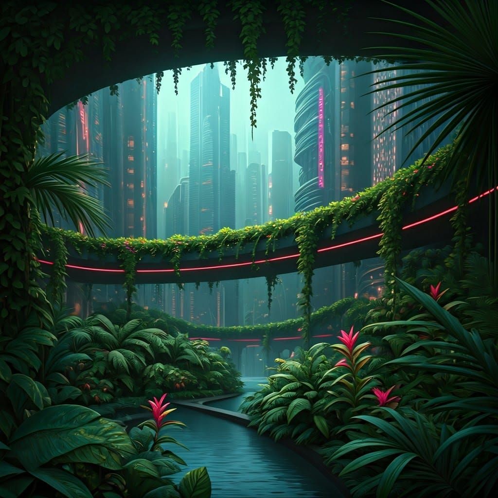 Vibrant Tropical Metropolis in Futuristic Overgrowth