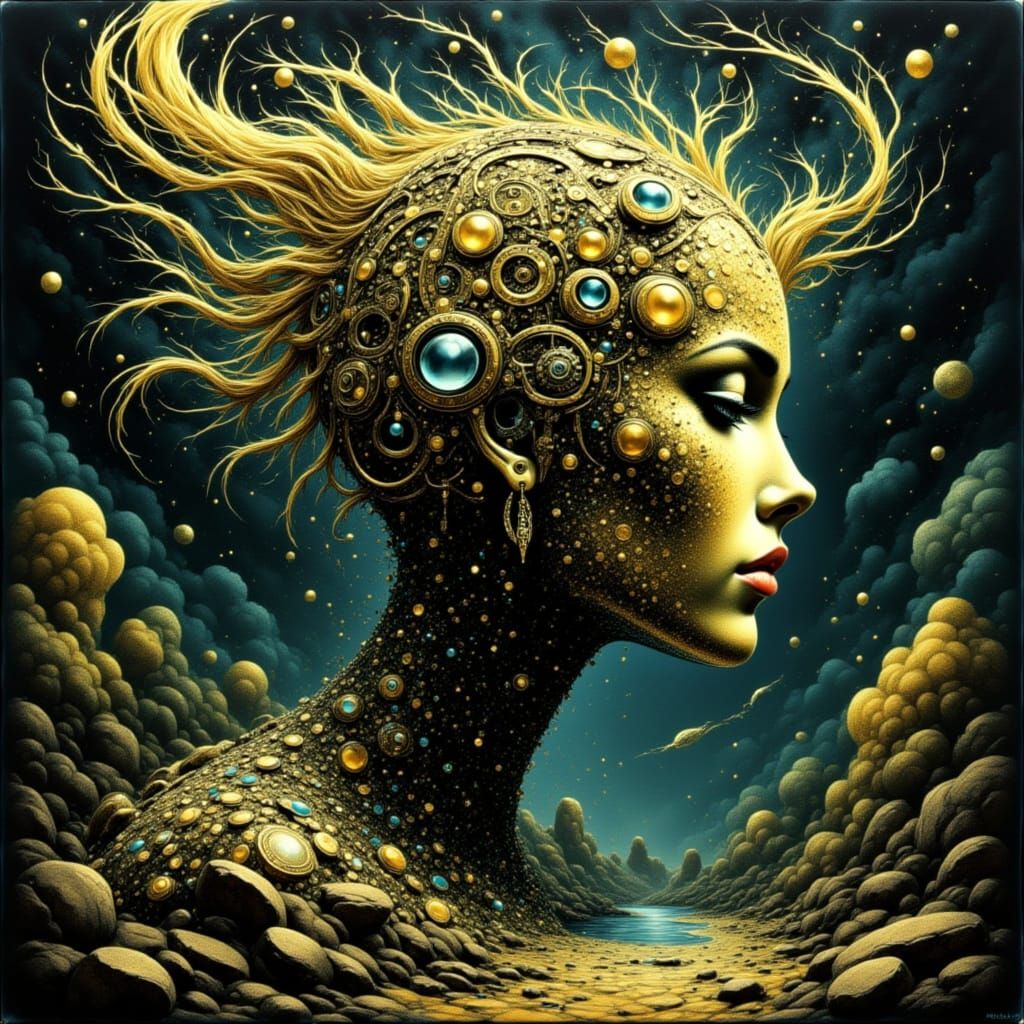 Surreal Cyberpunk Feline Forms Emerge from Ancient Gold Haze