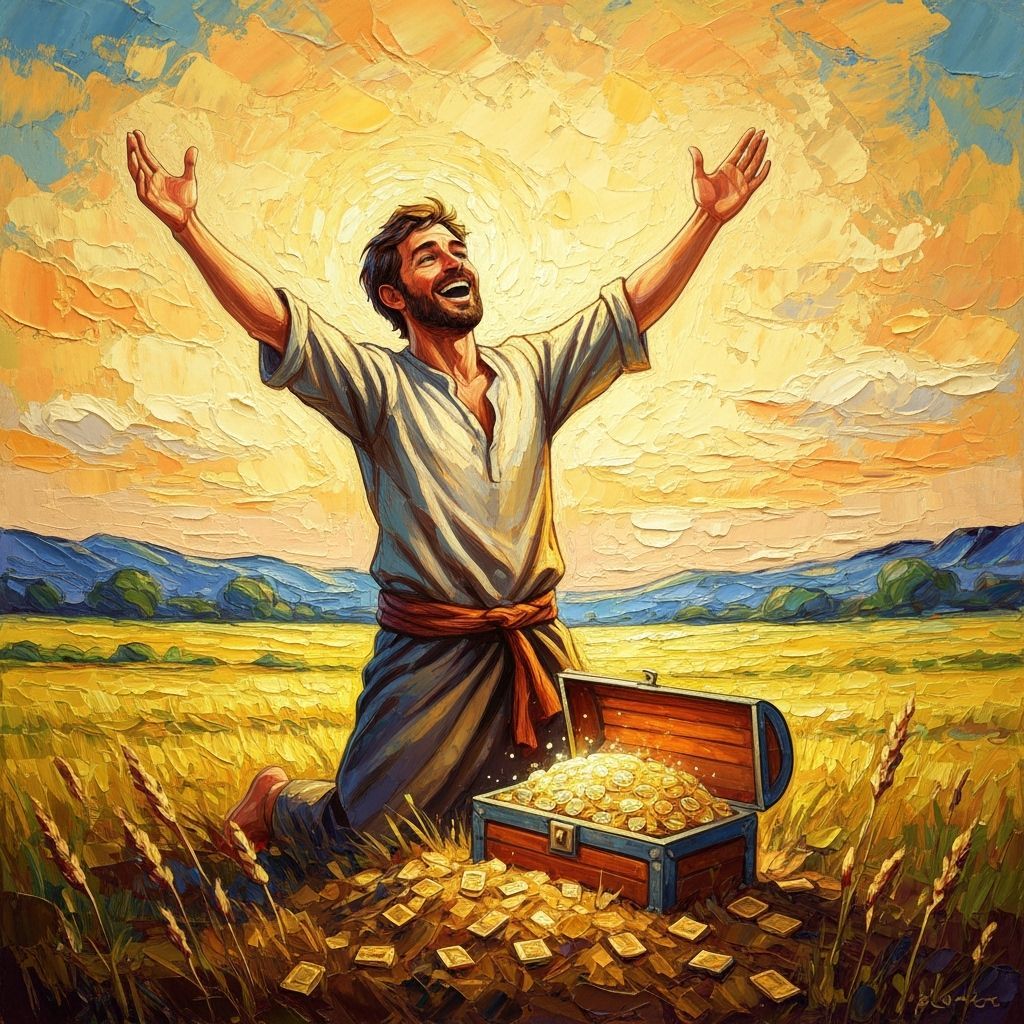 Man's Joyful Discovery of Hidden Treasure in Oil Painting