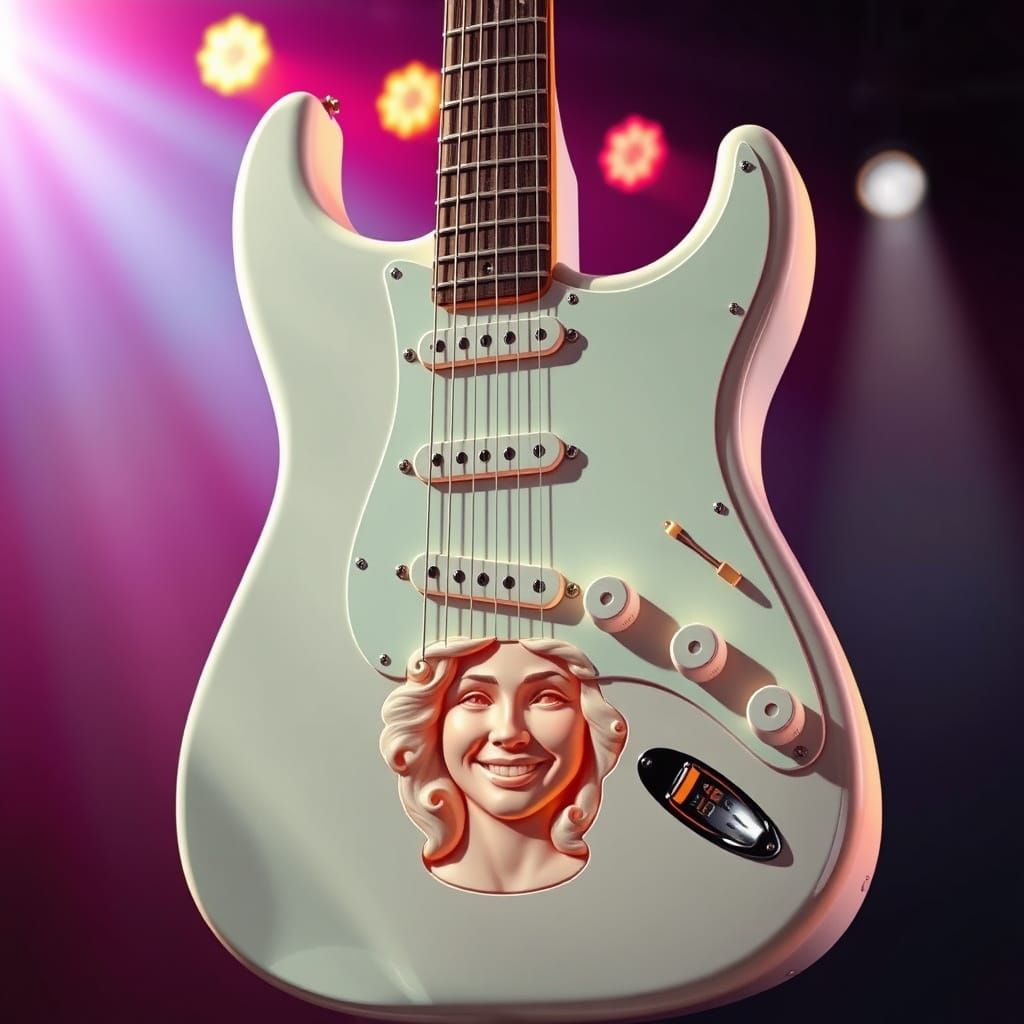 White Fender Stratocaster Guitar with Woman's Face Relief