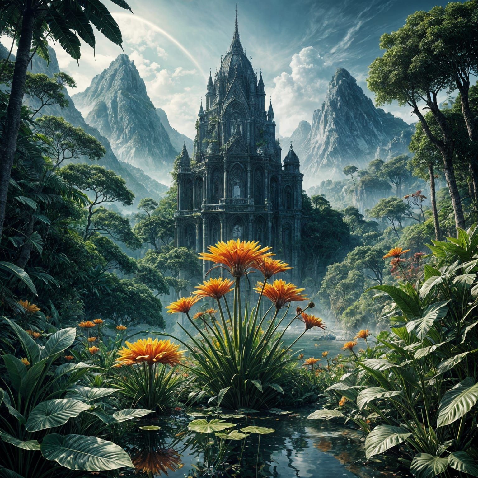 Vibrant Jungle Temple in Dark Fantasy Style