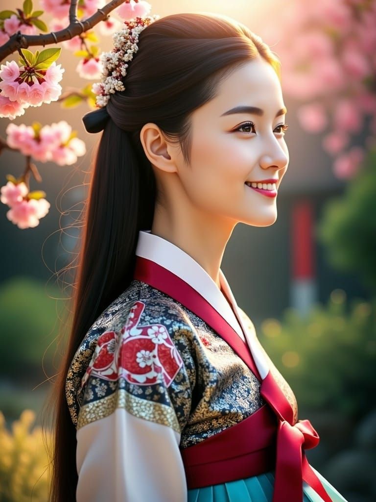 Surreal Korean Princess in Hanbok Adorned Garden