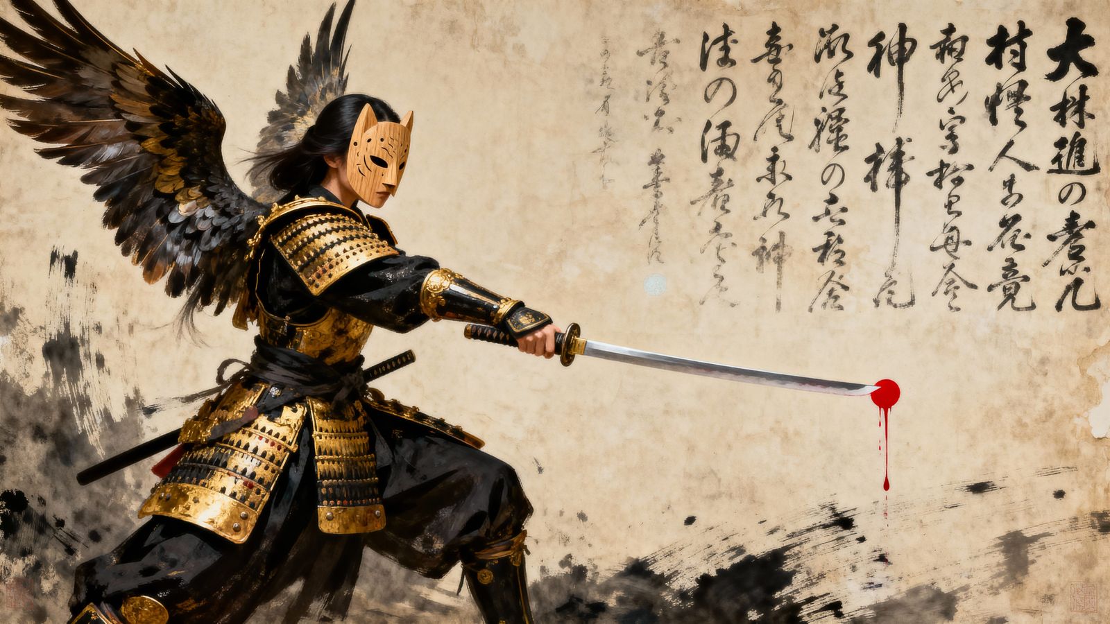 Winged Samurai Warrior with Katana on Vintage Canvas