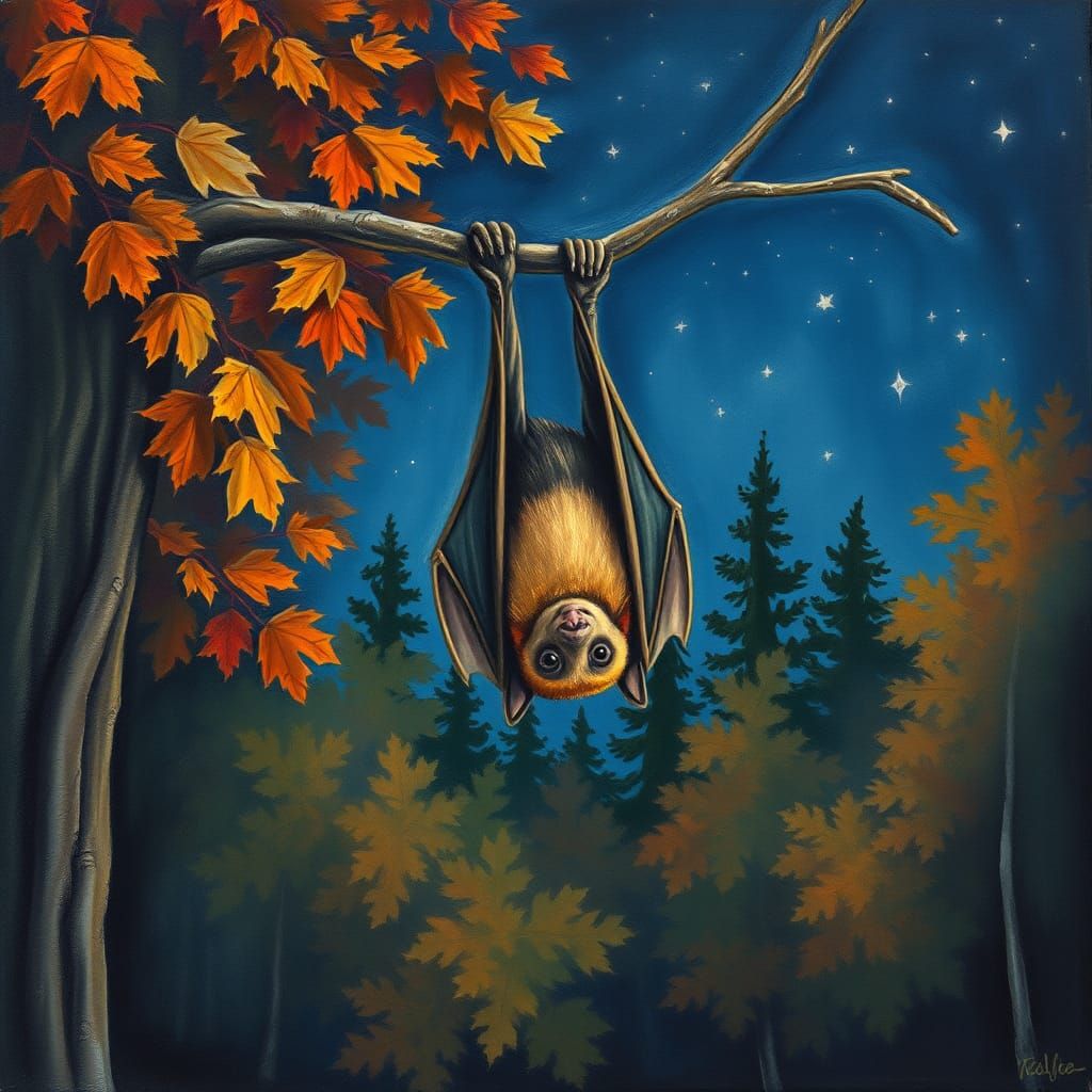 Bat in Autumn Forest at Night in Oil Paint