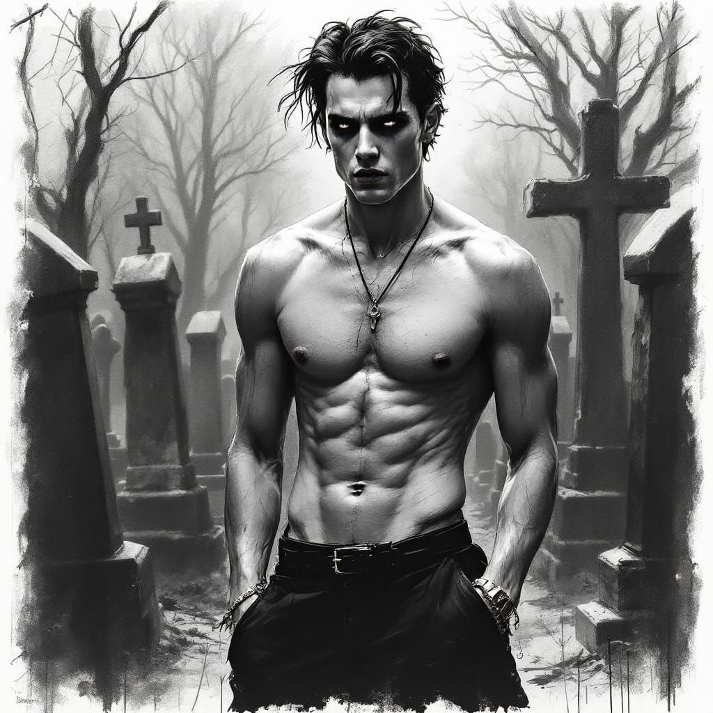 Gothic Graveyard Man in Gestural Charcoal Style