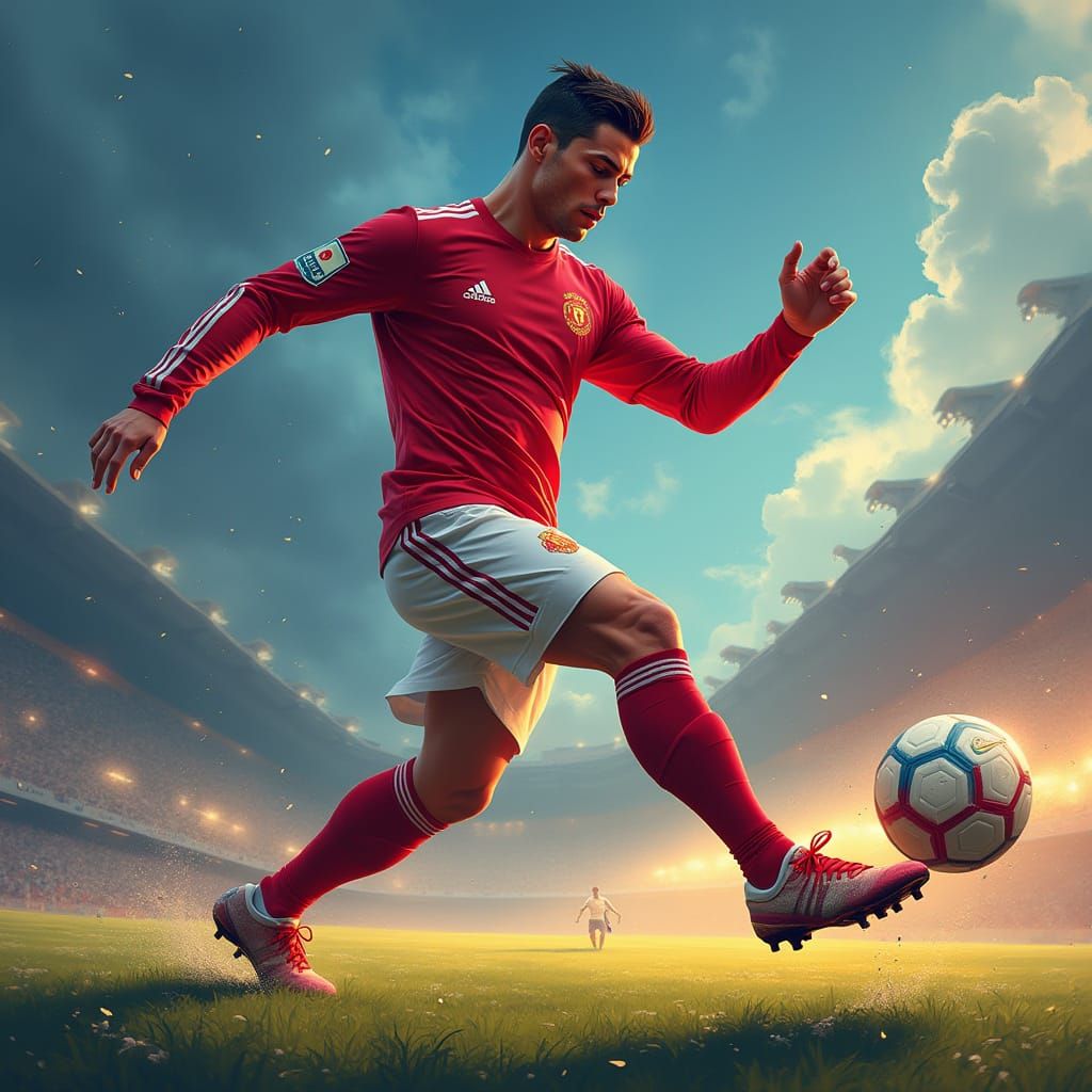 Cristiano Ronaldo Kicking Ball in Dramatic Lighting
