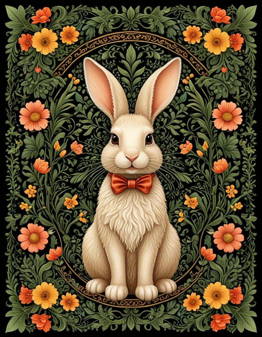 Easter Bunny Surrounded by Vibrant Spring Blooms in Art Deco...