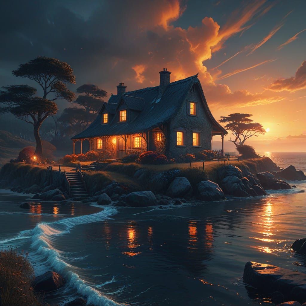 Mysterious Cottage by the Ocean at Sunset
