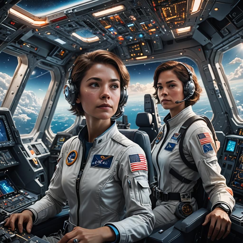 Astronauts in Futuristic Spacecraft Cockpit: Hyper-Realistic...