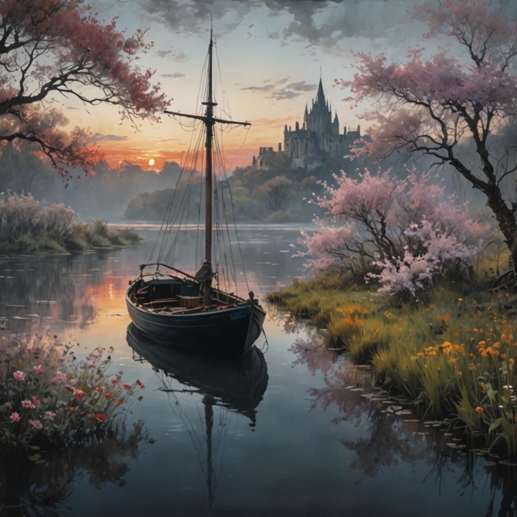 Small Boat on River at Sunset: Ink Painting