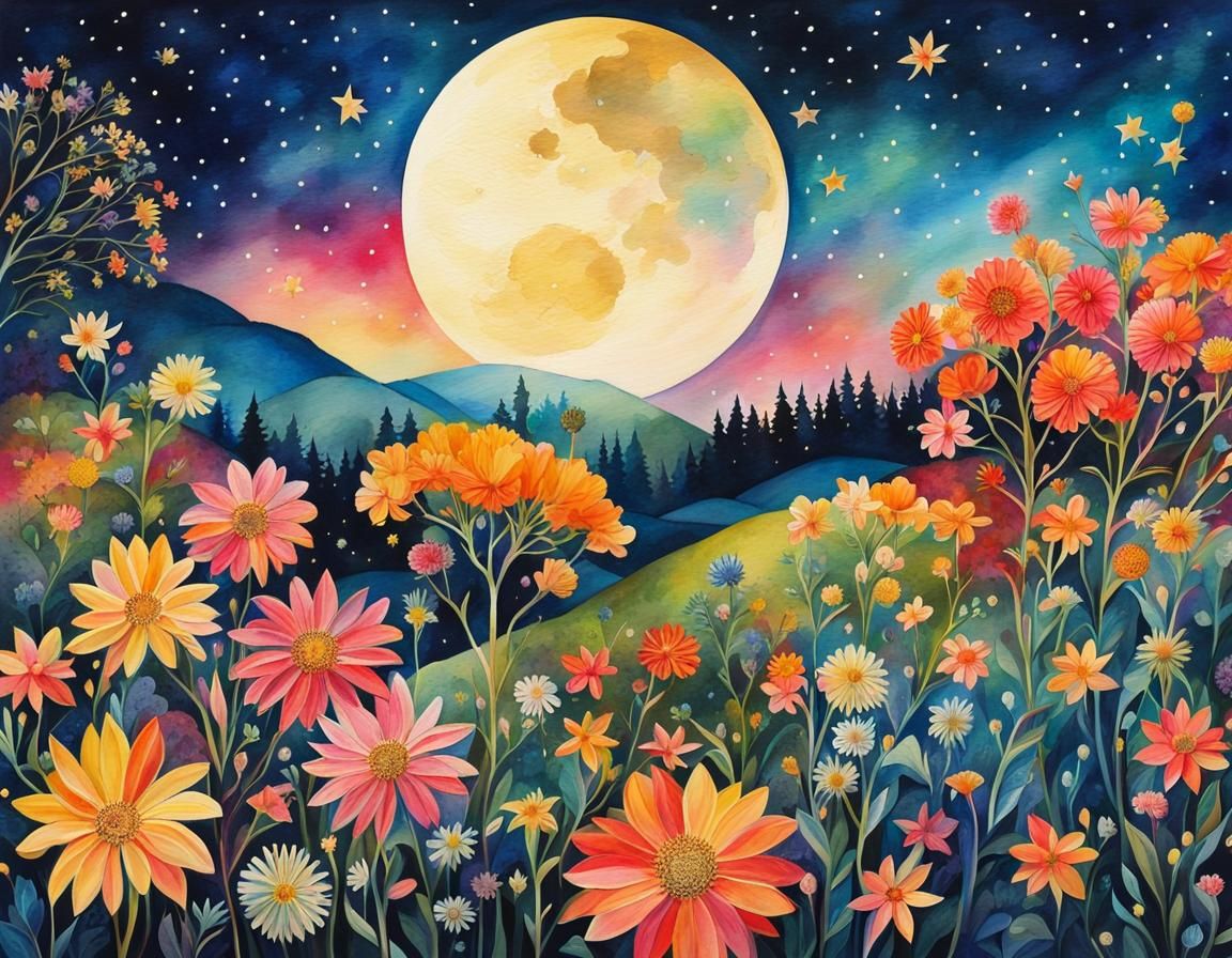 Ethereal Night Blooming Garden in Watercolor Landscape