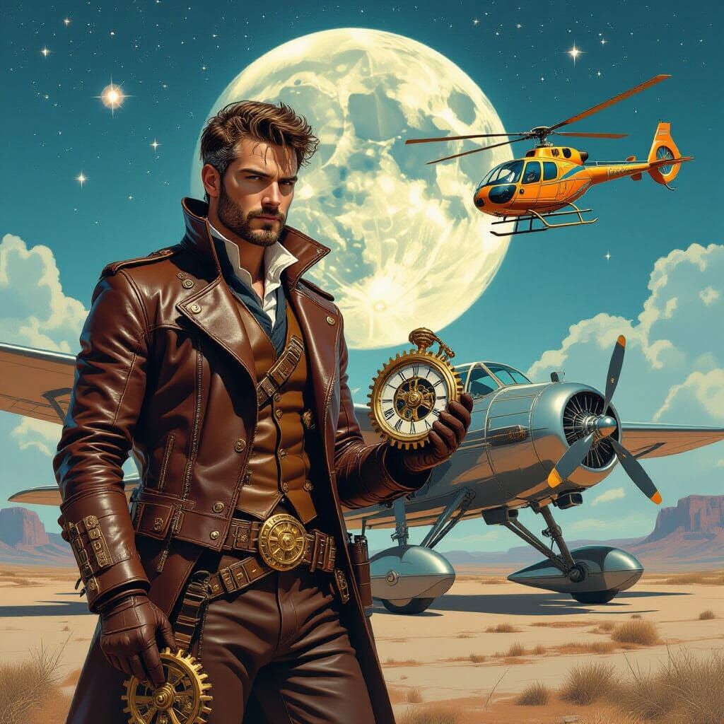 Steampunk Hero with Clockwork Gears and Vintage Aircraft