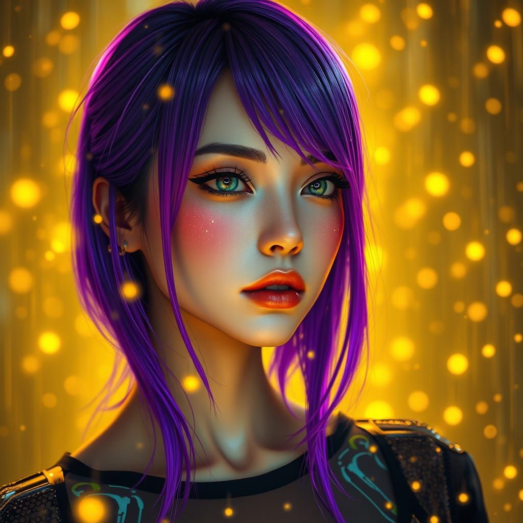 a close up of a person with purple hair