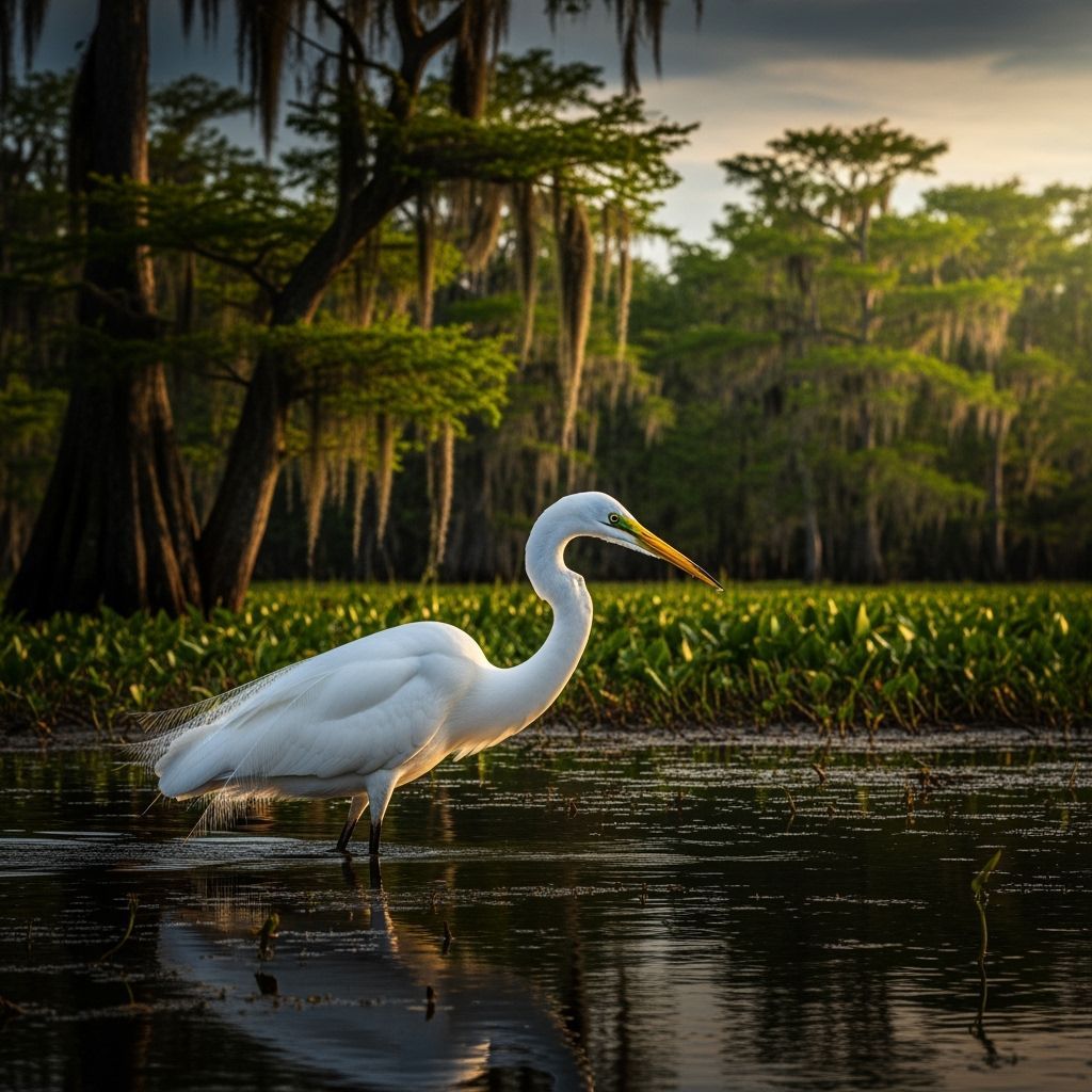 Egret Hunting in a Vibrant Swamp, Hyperrealistic Digital Art