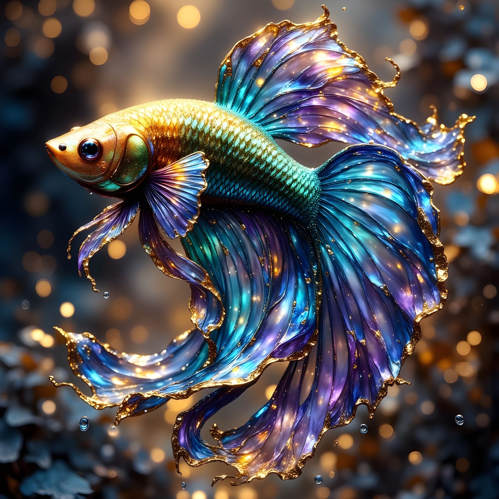 A betta fish with translucent gemstone scales shimmering in iridescent blues and purple