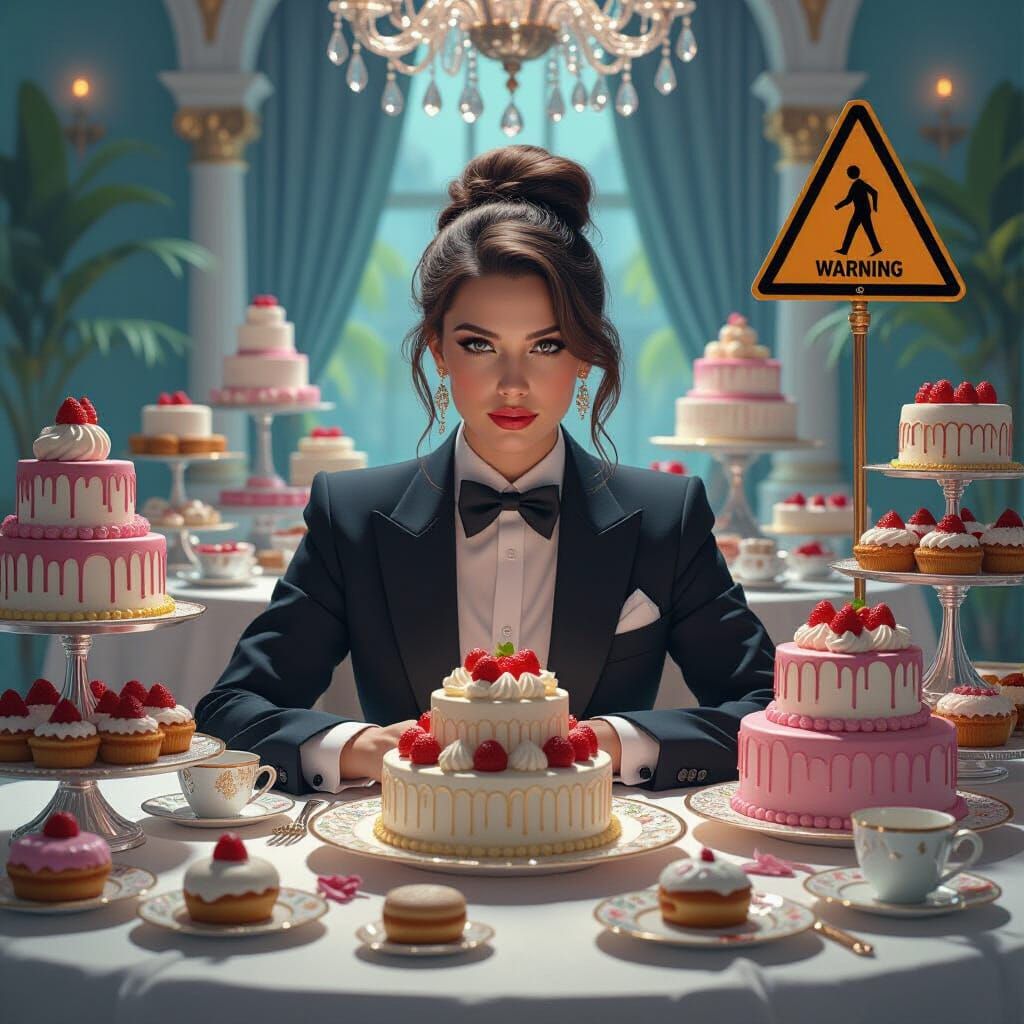 Surreal Dessertscape with Warning Sign in Hyperreal Style