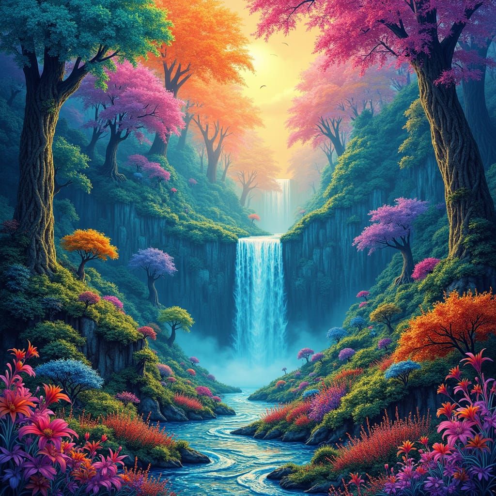 Dreamlike Pointillist Landscape in Vibrant Colors